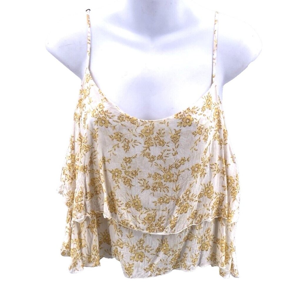 Indah Top S Yellow Floral Print Crop Ruffle Cotton Tank Flowy Boho Fairycore